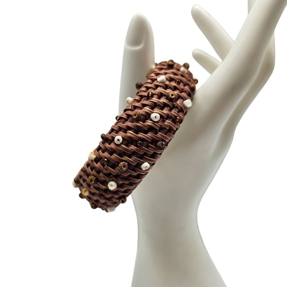 Handwoven Brown Bangle Bracelet With Beads Accents Bohemian